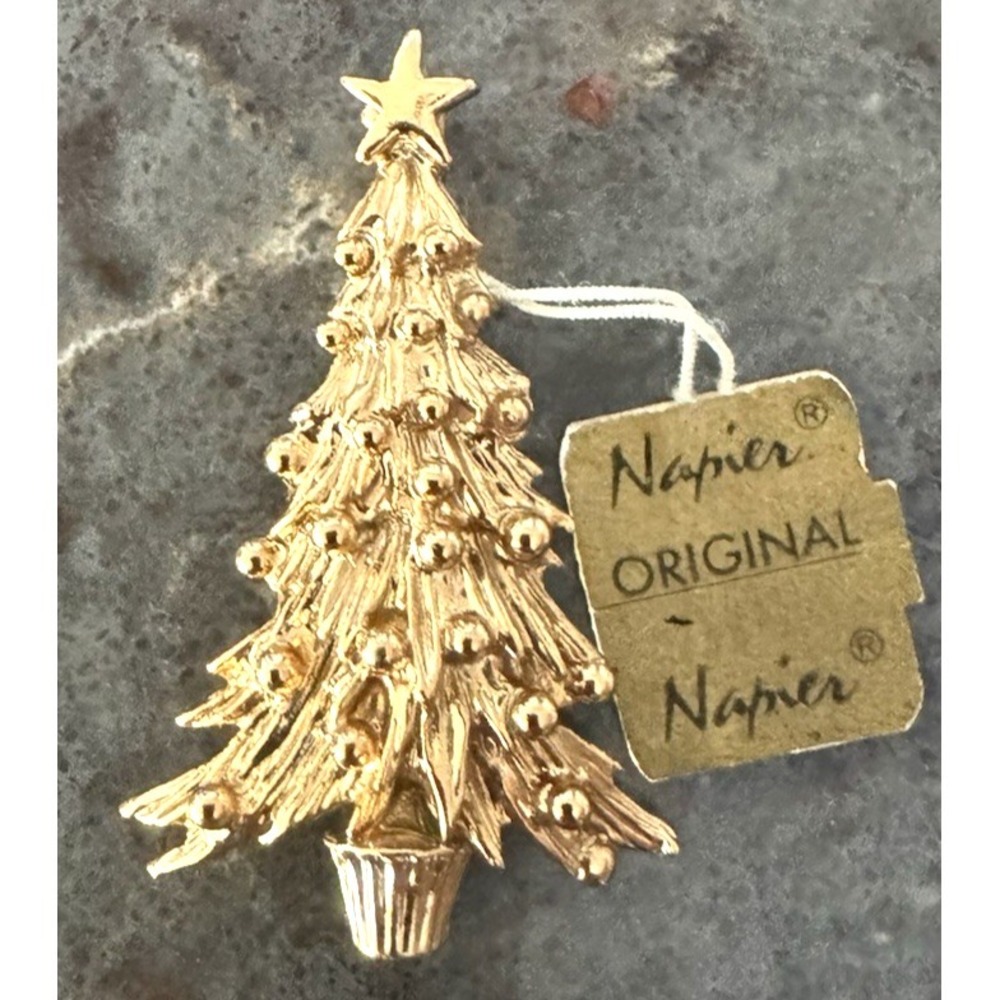 Vintage Napier Christmas Tree Brooch Gold Tone Holiday Pin Original Tag